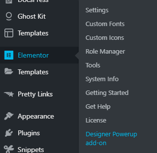 Designer Powerup add-on Menu in WP Dashboard